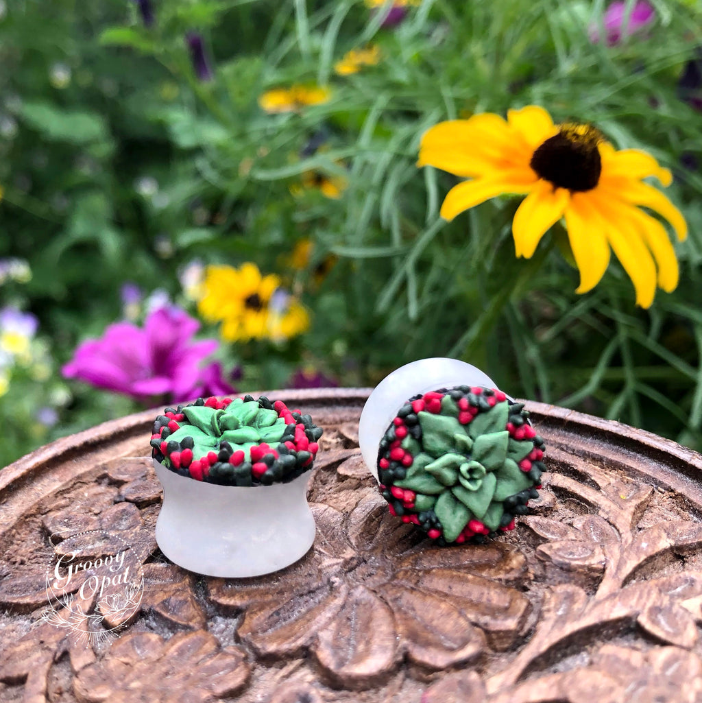16 mm Green and Pink Succulent Gauge Plugs | Groovy Opal, LLC.